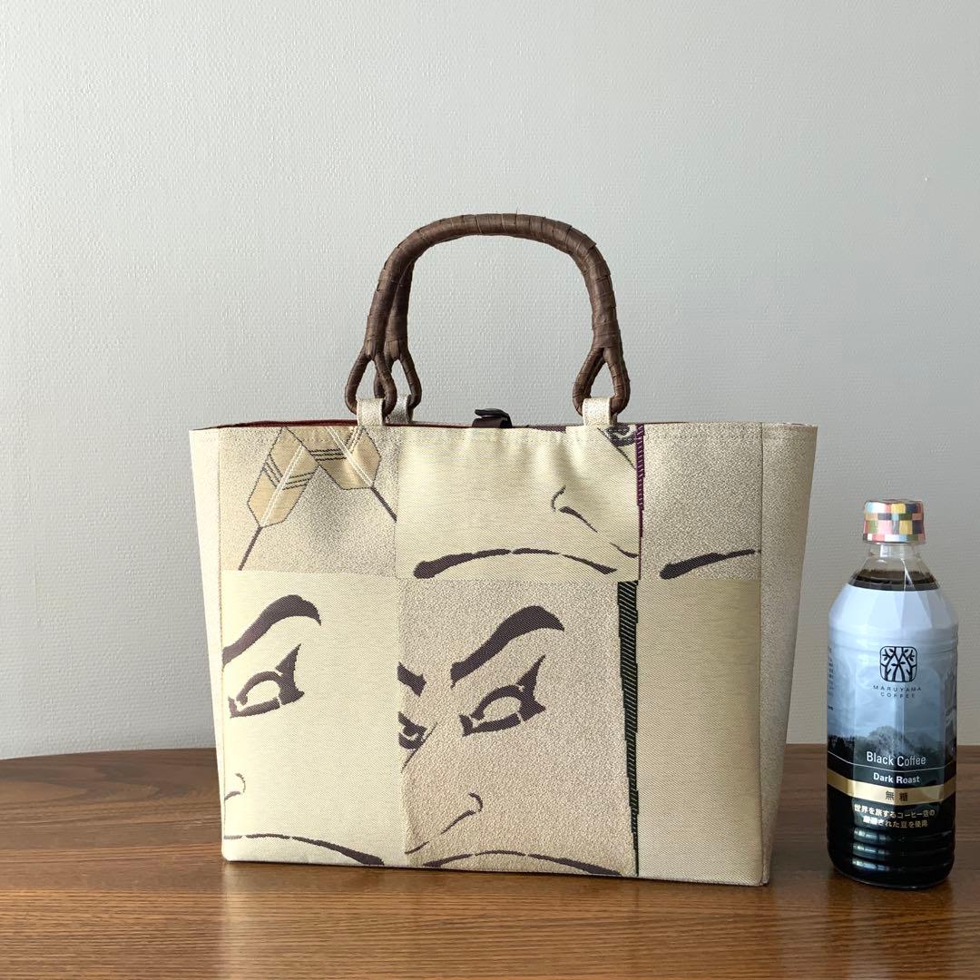 男前な歌舞伎柄の帯　リメイク　胡桃皮ハンドルバッグ　通しマチタイプ