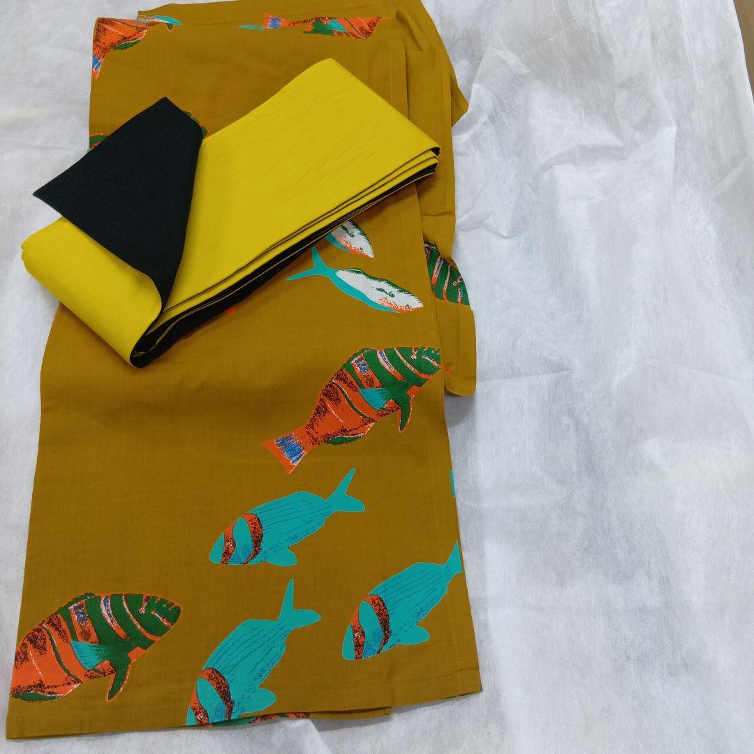 魚柄マスタード色浴衣・帯セット