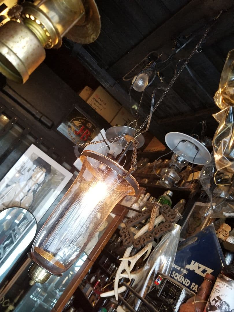 希少　ヴィンテージ　ロートアイアン　釣り鐘　気泡　手吹き　硝子　吊り下げ　ランプ