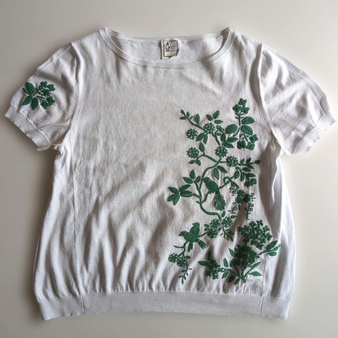 ケイタマルヤマ 緑花と鳥刺繍 アンサンブル カーディガン 半袖カットソー M