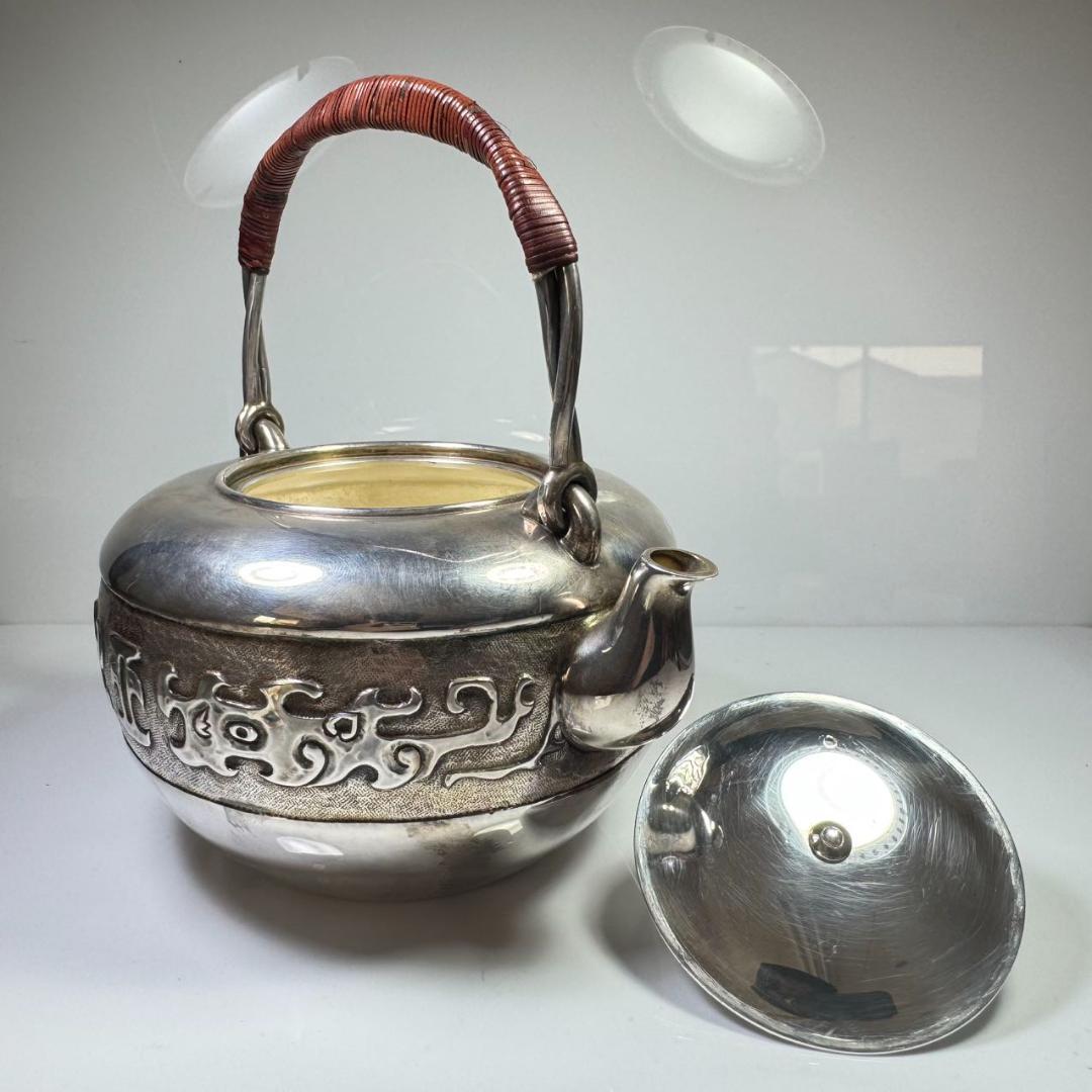 純銀製 蔵六 湯沸 貴石摘 銀瓶 箱付 古美術品 純銀保証 湯沸 やかん