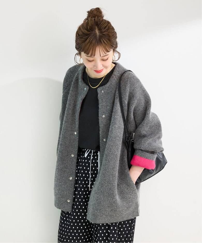 simplicite ２層スムース編みロングカーディガン　グレーピンクフォックス