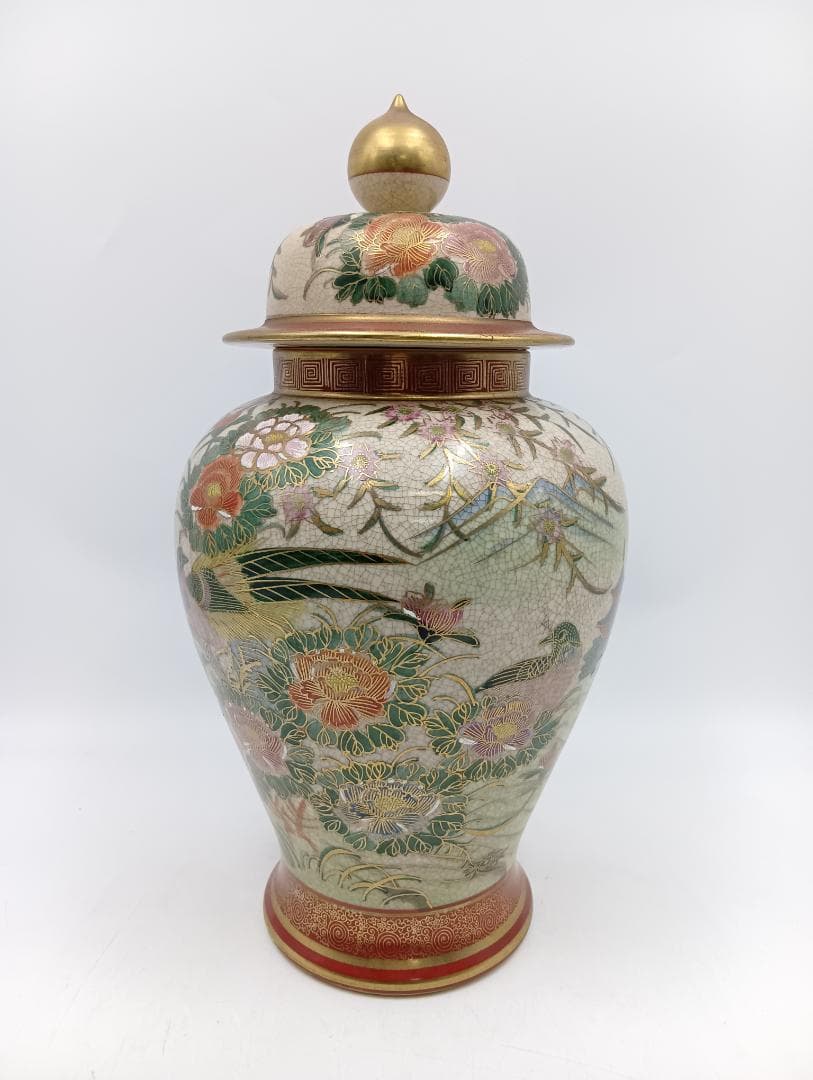 薩摩焼 蓋つき壺 高さ46㎝ 色絵金彩花鳥文様 花瓶 花器