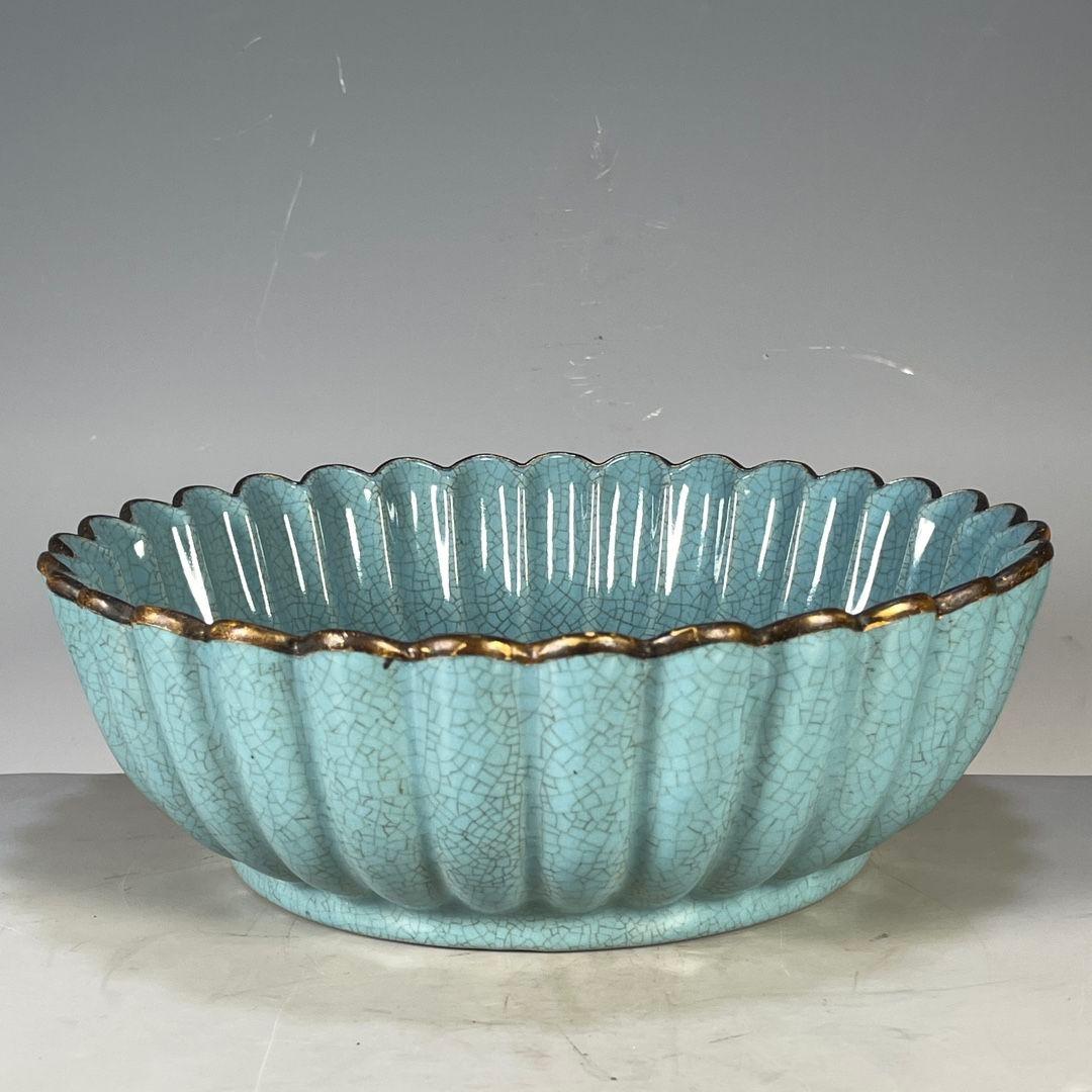 汝磁器蒔金刻字包金口花口洗 文房具景徳鎮 陶磁器 装飾品 現代工芸品美術品 置物