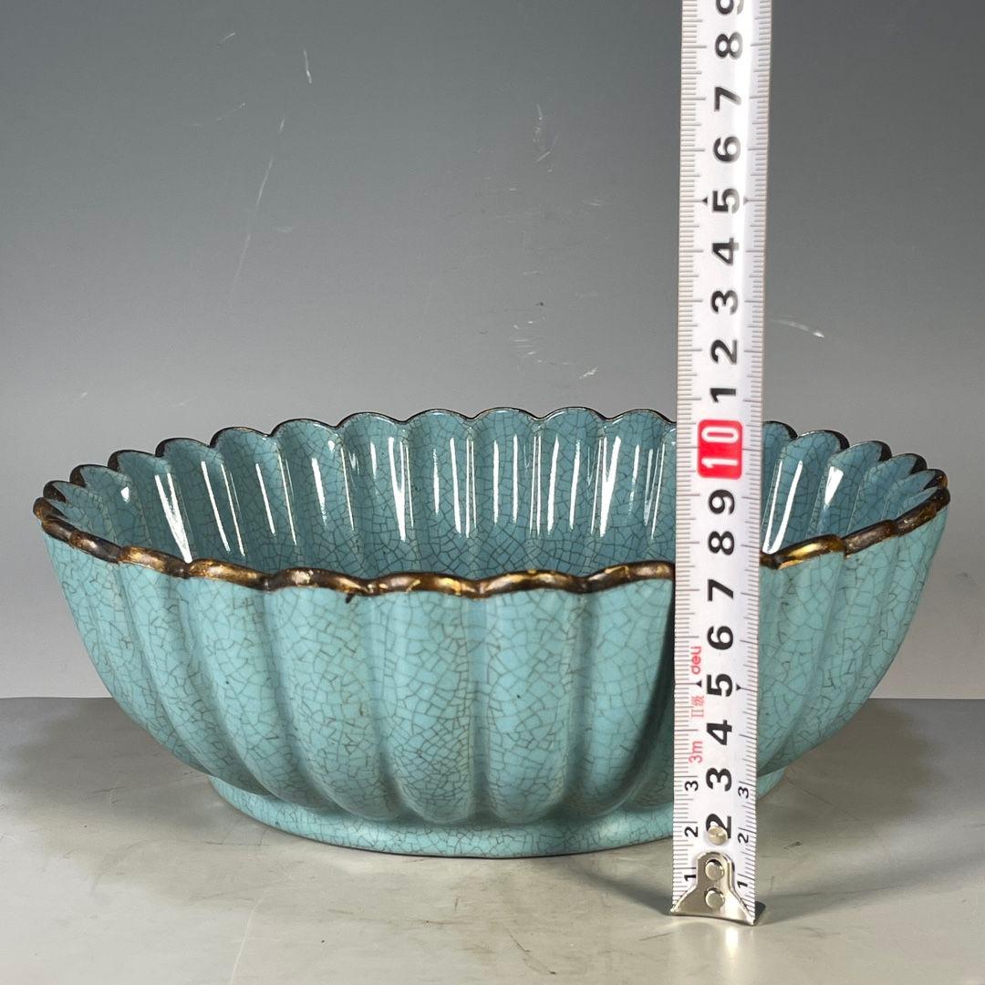 汝磁器蒔金刻字包金口花口洗 文房具景徳鎮 陶磁器 装飾品 現代工芸品美術品 置物