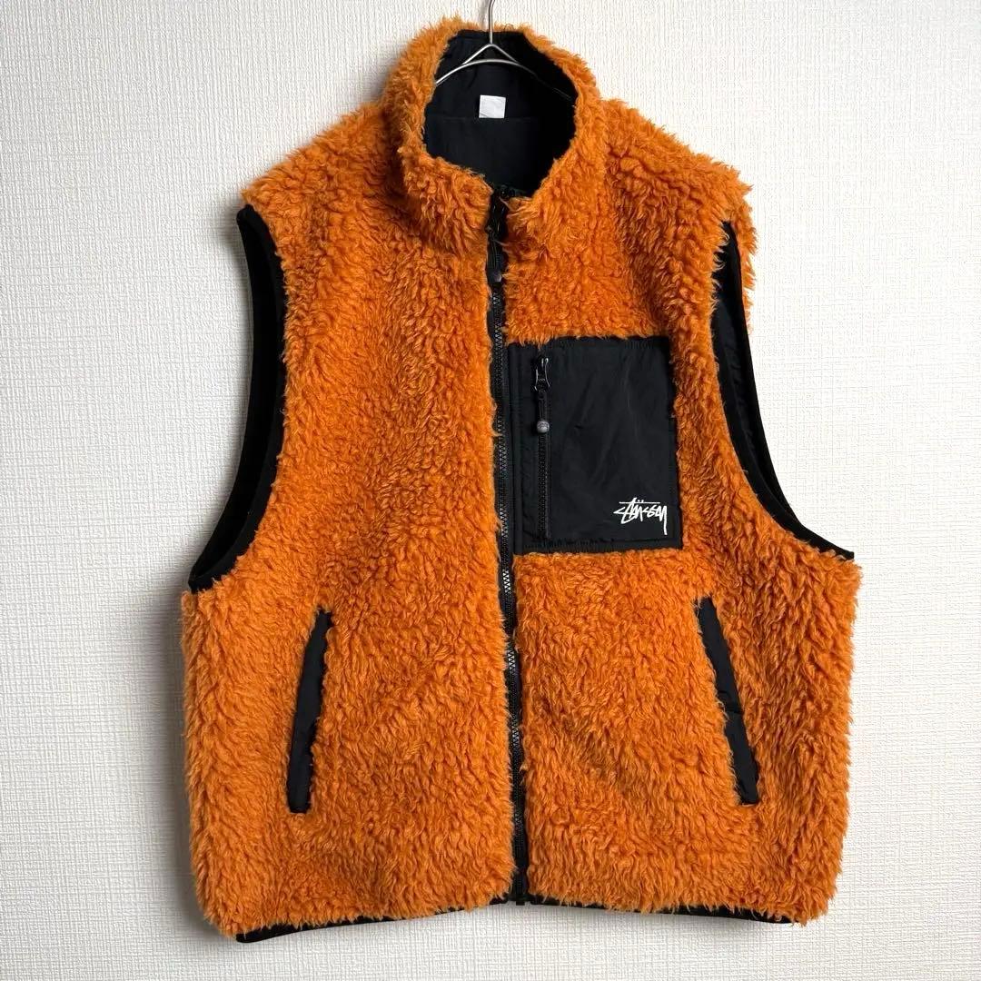 522 STUSSY リバーシブルボアベスト 橙×黒 フリース ストリート 映え