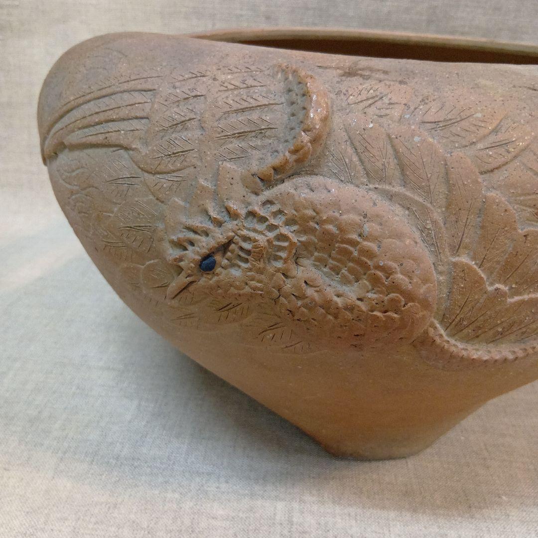 盆栽鉢 水盤 鳥のレリーフ 素焼きの鉢 陶器製オープントップボウル 1点物