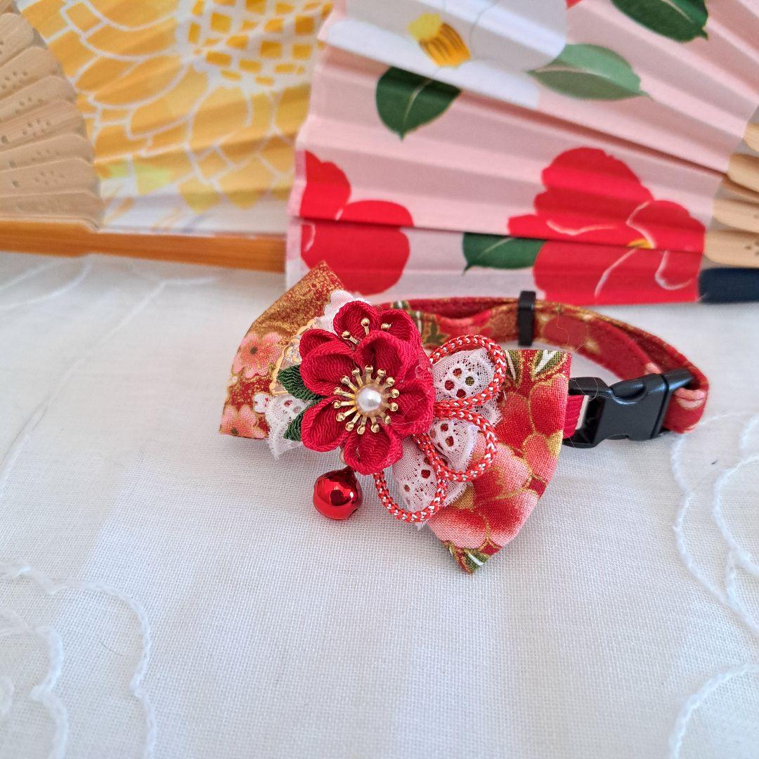 シングルリボン、和風つまみ細工(赤)わんちゃん猫ちゃん用首輪