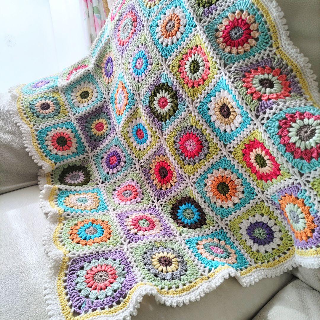 手編みブランケット★コットン★カラフル★おひさまグラニースクエア
