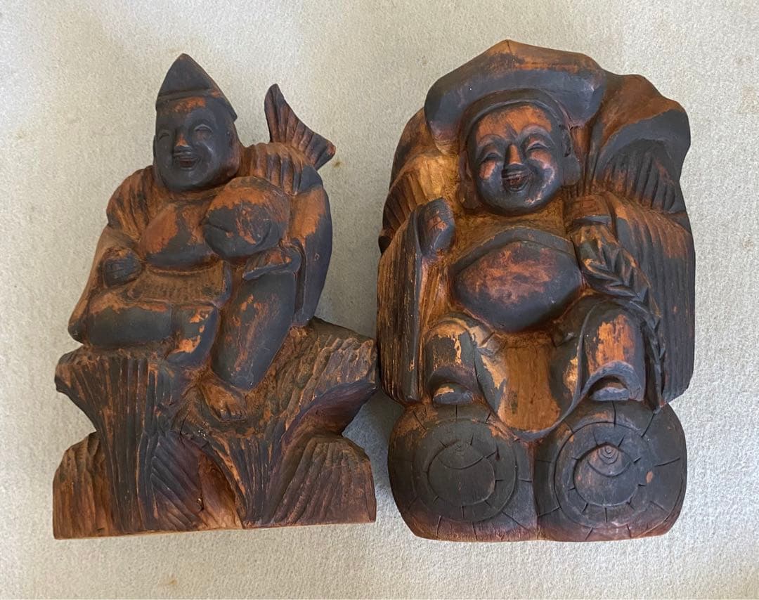 【レトロ】木彫り／恵比寿・大黒天の置物