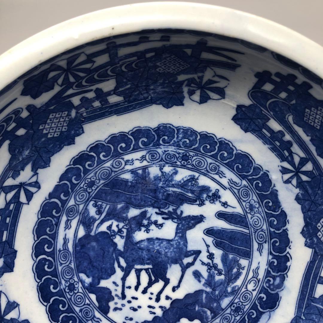 明治時代古伊万里鹿獅子図柄ベロ藍印判手鉢ボウル24cm伊万里焼骨董品