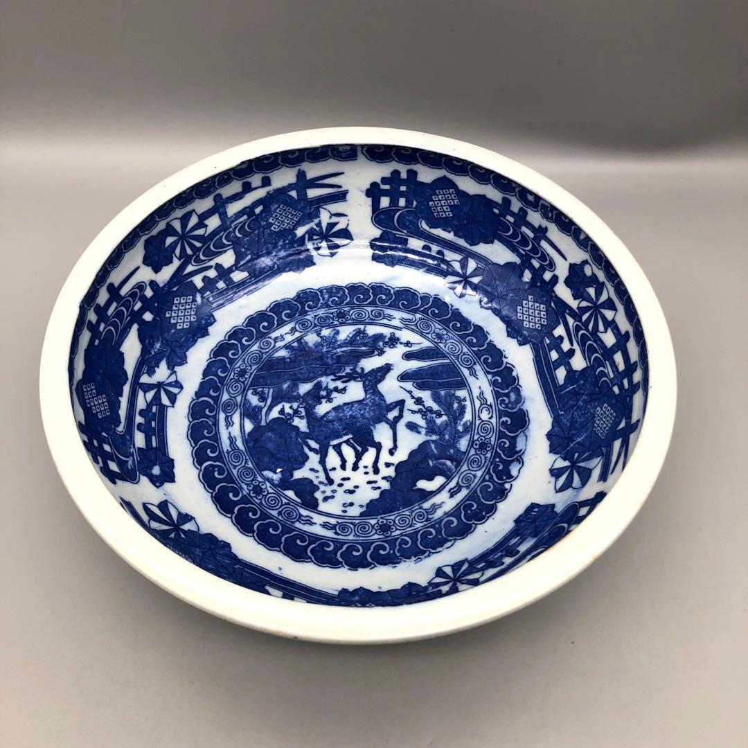明治時代古伊万里鹿獅子図柄ベロ藍印判手鉢ボウル24cm伊万里焼骨董品
