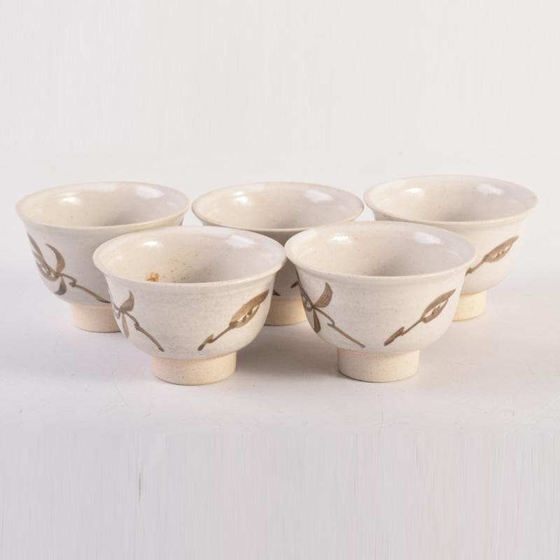 煎茶道具　虫明焼　岡本英山作　草文　煎茶碗　五客　C　8285