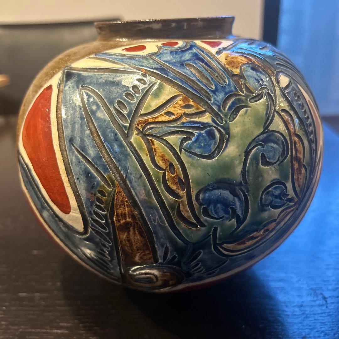 壺屋焼　赤絵魚紋壺　伝統工芸　花瓶　沖縄　やちむん　陶芸　壺