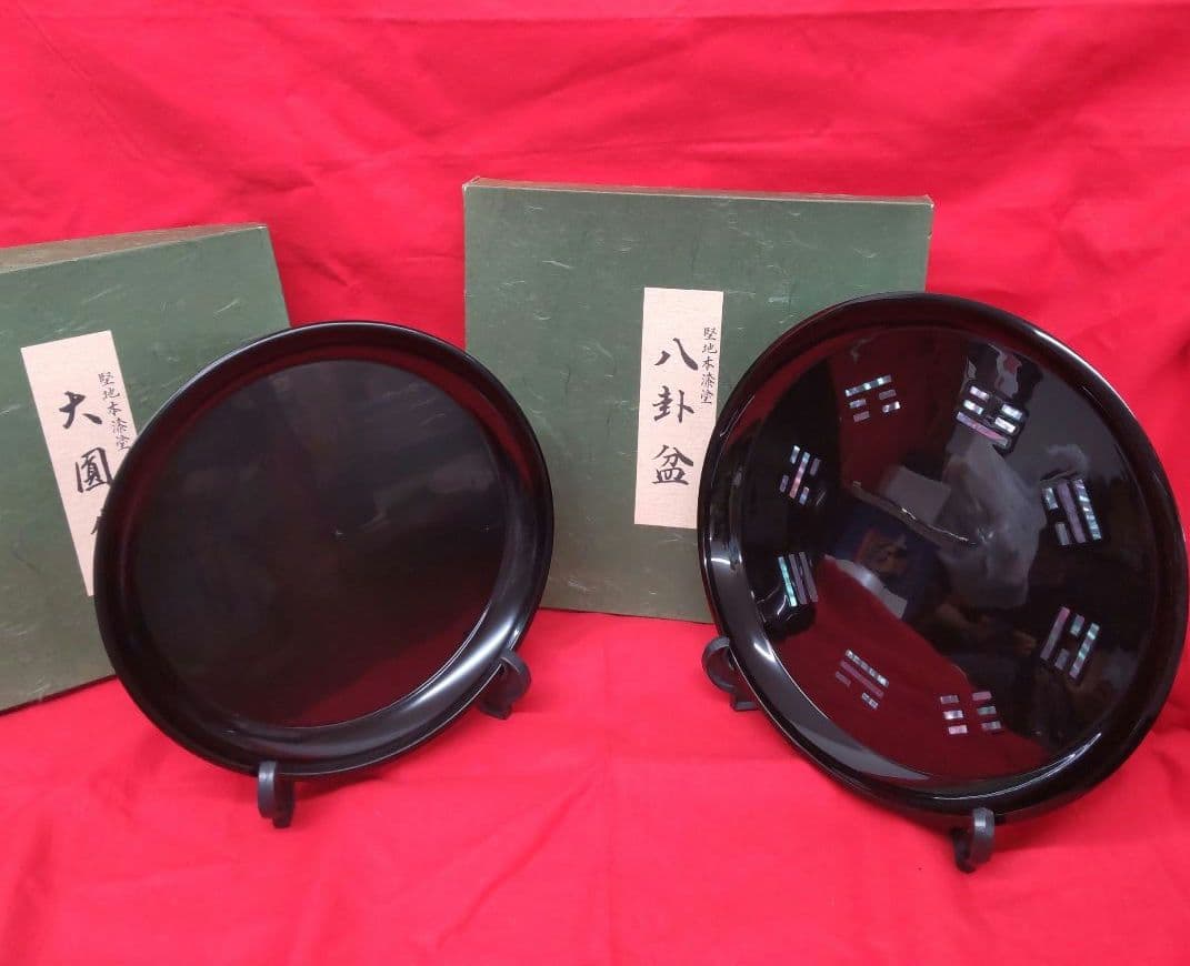 茶道具☆八卦盆（真塗螺鈿）、 大圓盆（真塗 淡々斎好 ） 2点セット