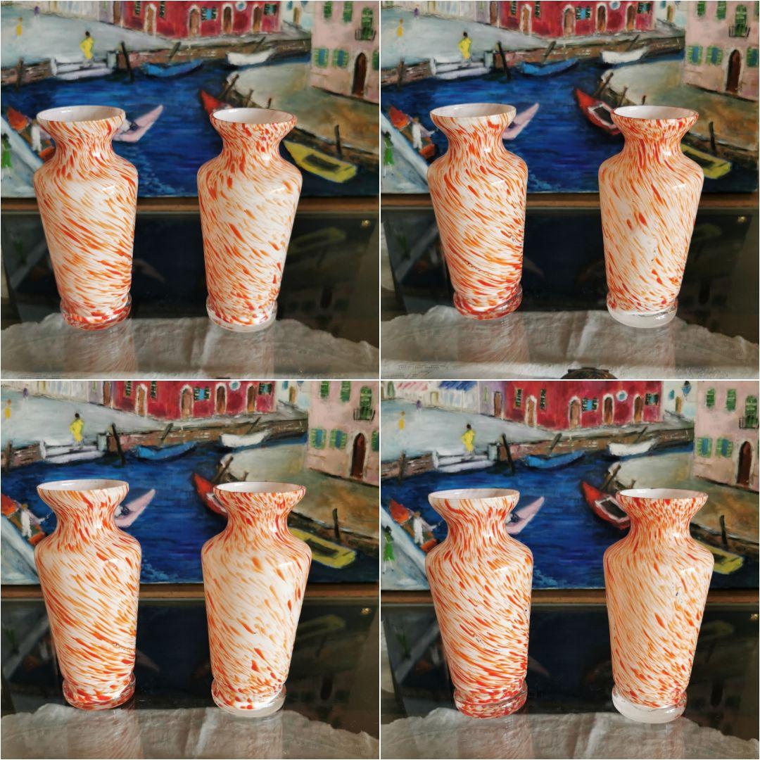 アンティーク ヴェネチアンガラス ブラッドオレンジ＆ホワイト 工房物ペアベース