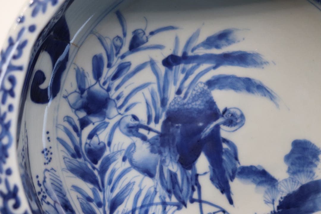 江戸　伊万里　染付　鶴紋大鉢　送料込み1121