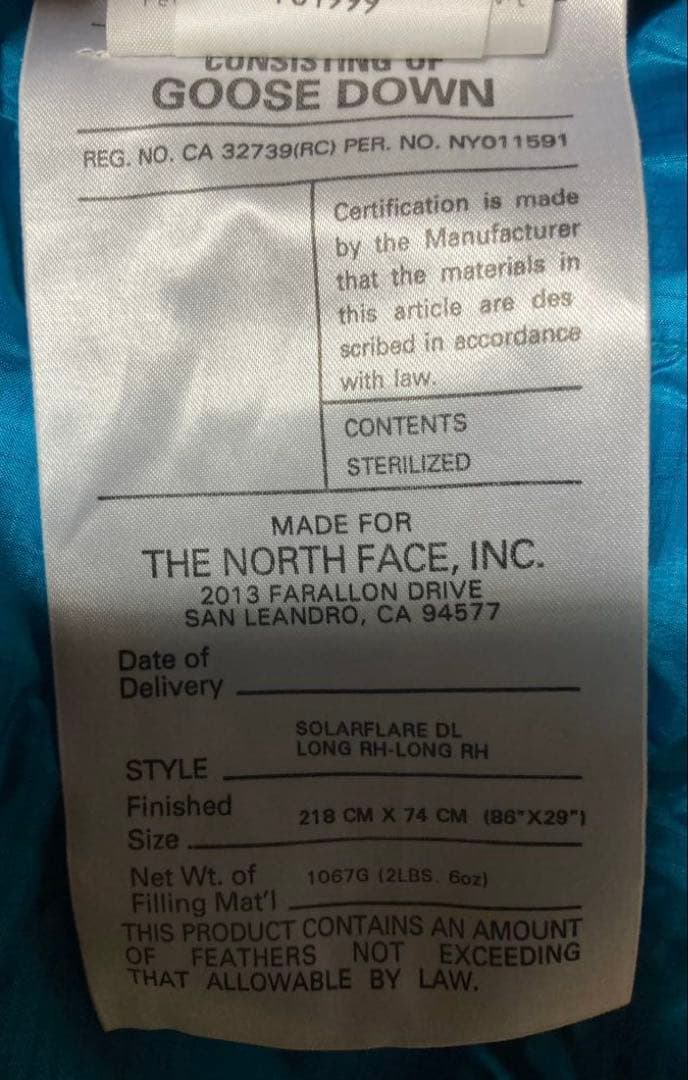 The North Face マミー型ダウン寝袋 青/黒　極寒地可能