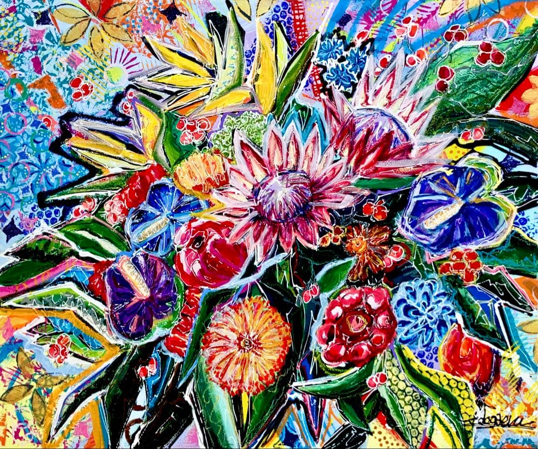 原画　花　額付き　花の絵　静物画　絵画　アクリル画　現代アート　手描き　一点物