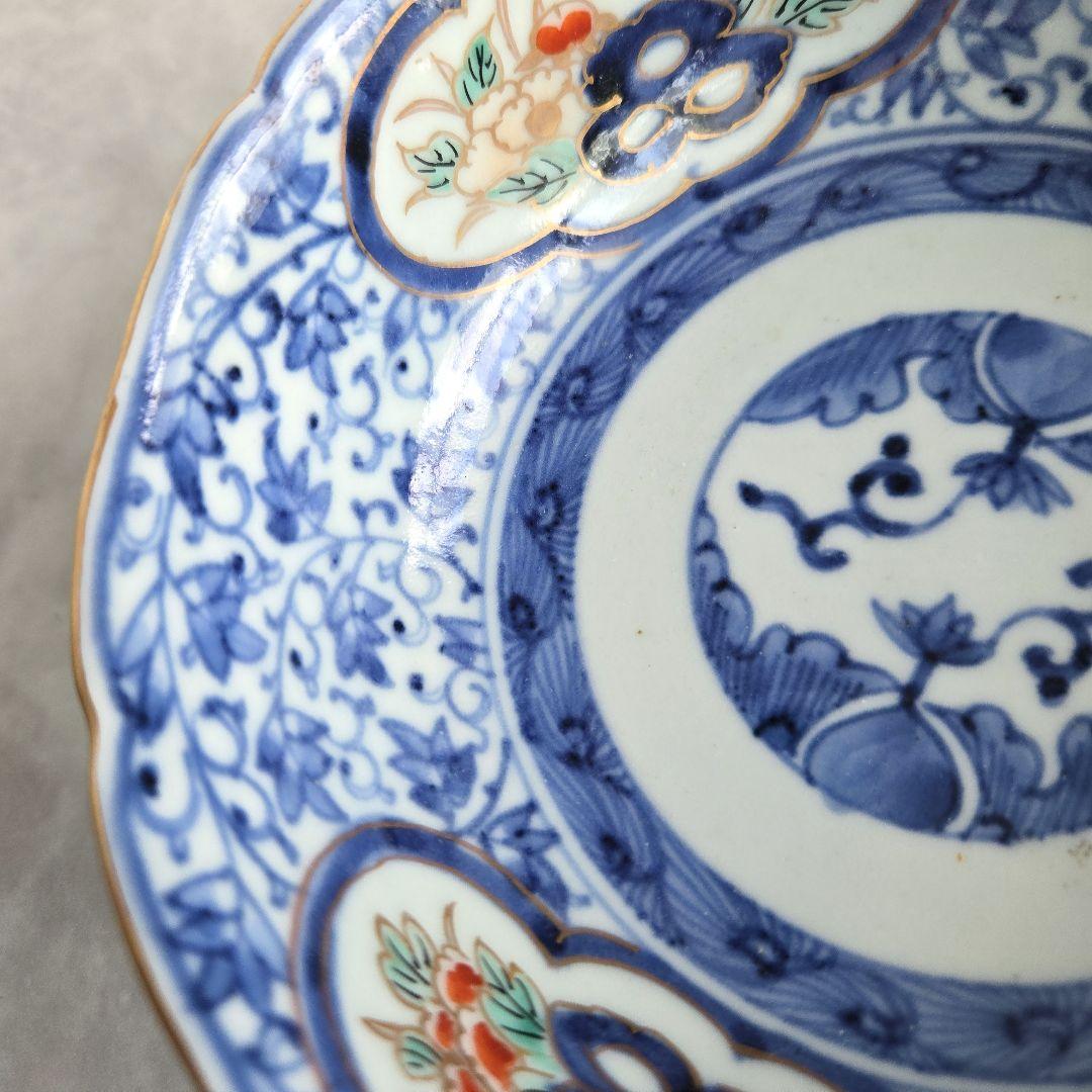 古伊万里　花唐草　深皿　江戸時代　染付　金彩　赤絵　金直し　金継ぎ　アンティーク