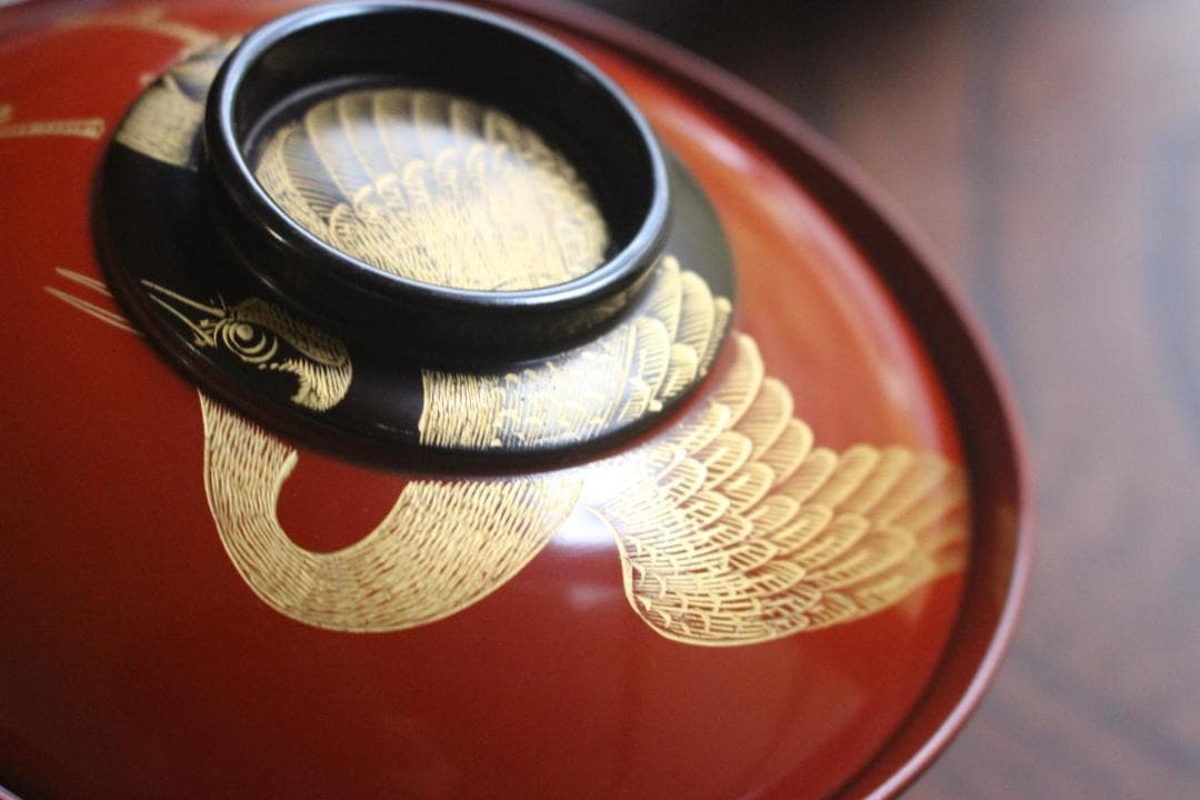 時代逸品！時代日の出塗に極上鶴沈金の映えるお椀2点（検輪島塗雑煮椀