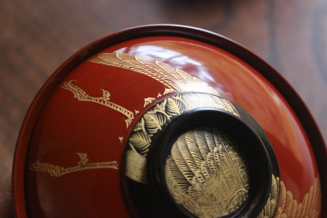 時代逸品！時代日の出塗に極上鶴沈金の映えるお椀2点（検輪島塗雑煮椀