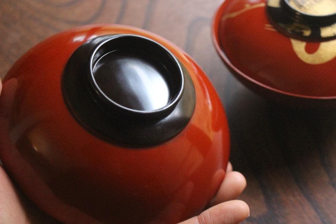 時代逸品！時代日の出塗に極上鶴沈金の映えるお椀2点（検輪島塗雑煮椀