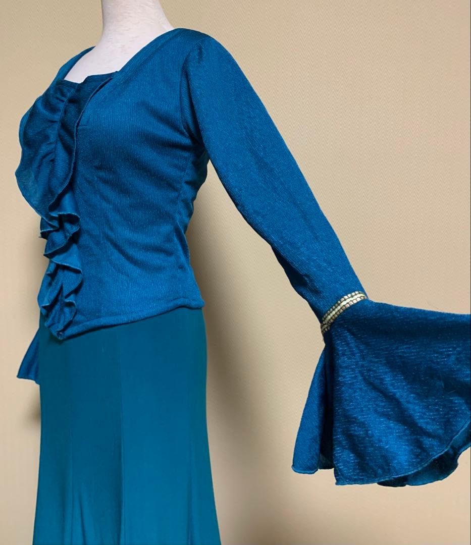 フラメンコ衣装ソニアジョーンズファルダ➕フリルブラウス上下　ターコイズ