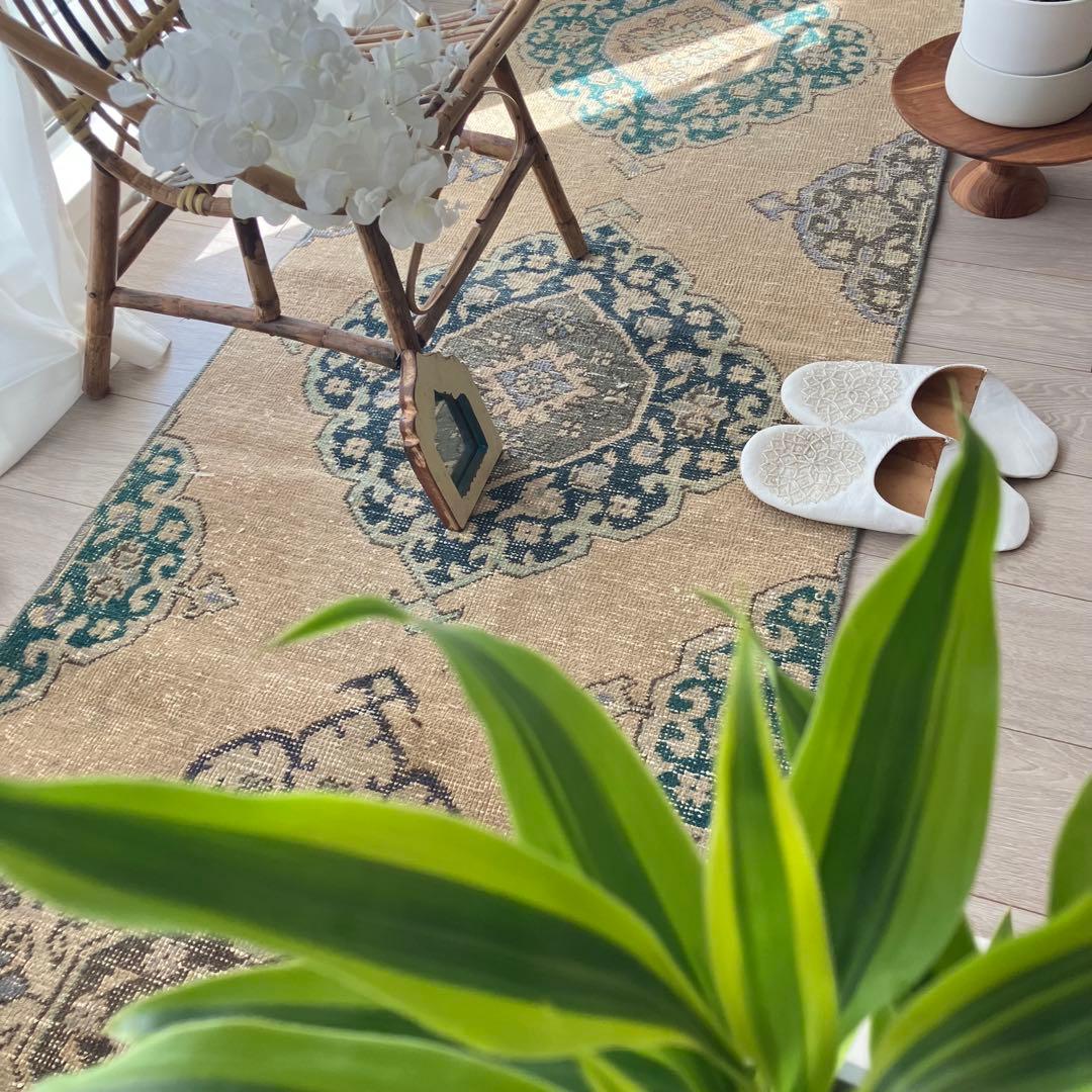 人気キャラメルベージュ68×208 ランナー　グリーン　トルコヴィンテージラグ