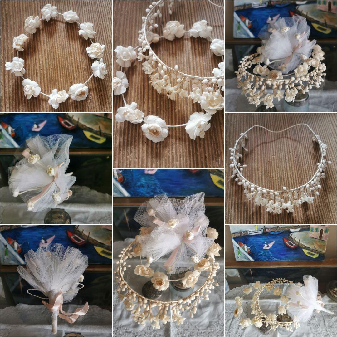 アンティーク ワックスフラワー＆布花冠ティアラ 薔薇ブーケ ブライダル３点セット