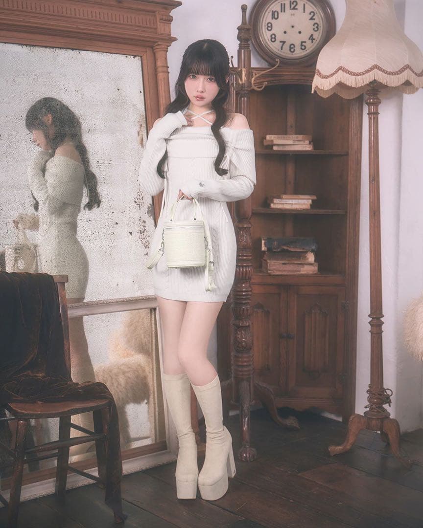 ミシェルマカロン ギャザーオフショルニットワンピース