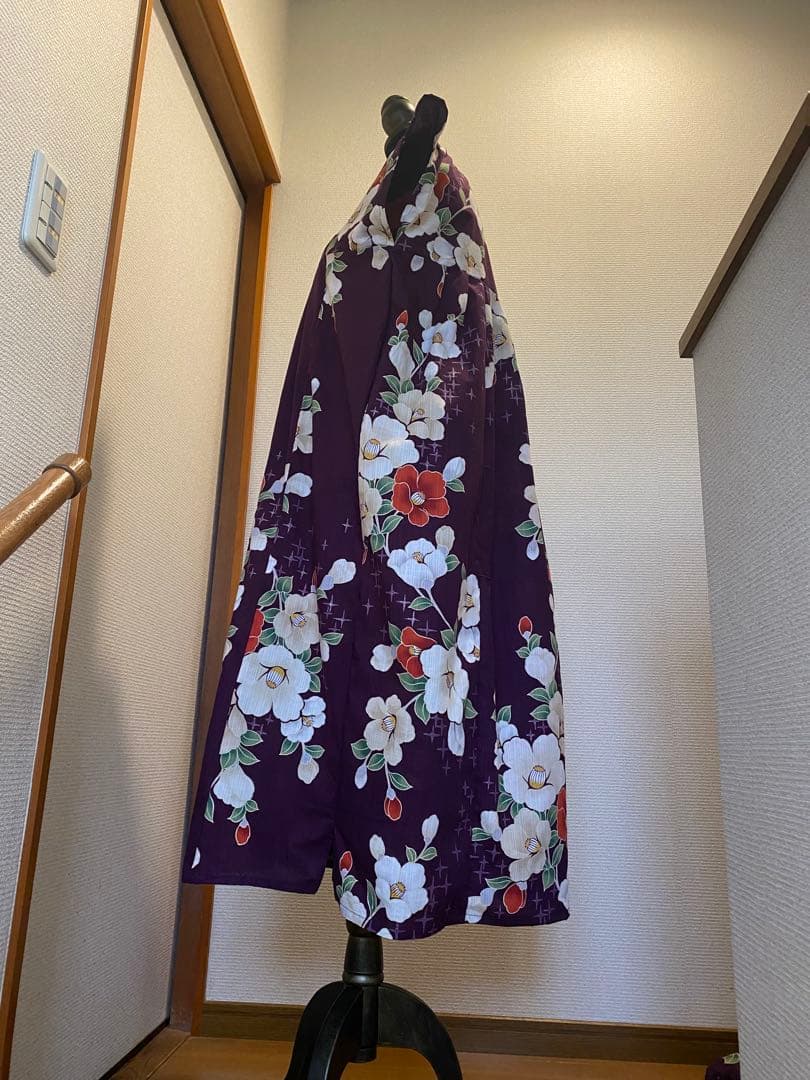 浴衣リメイク　紅白椿　ワンピース＋ガウチョパンツ