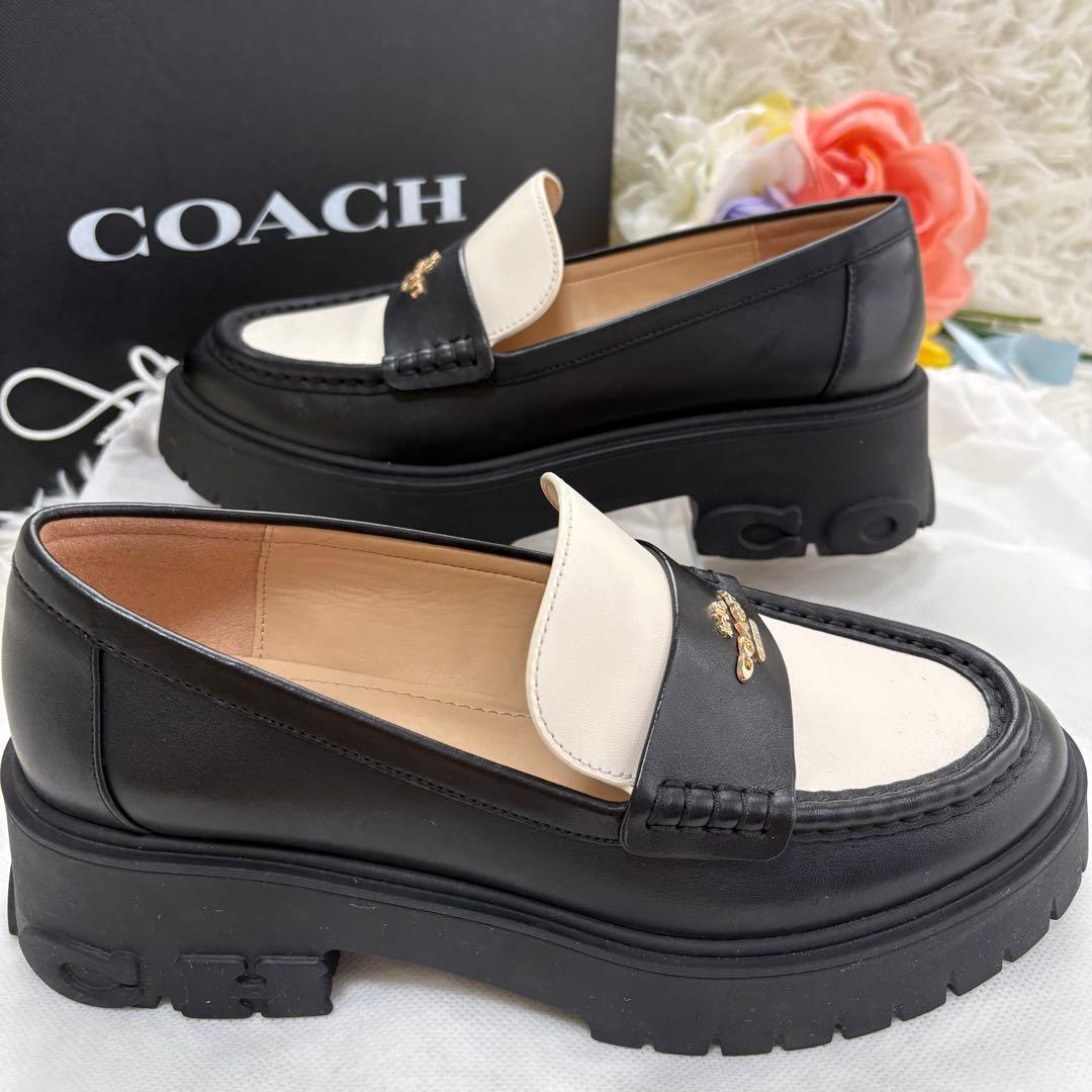 美品　箱袋タグ付　コーチ　ルーシー　ローファー　厚底　ブラック　ホワイト　レザー