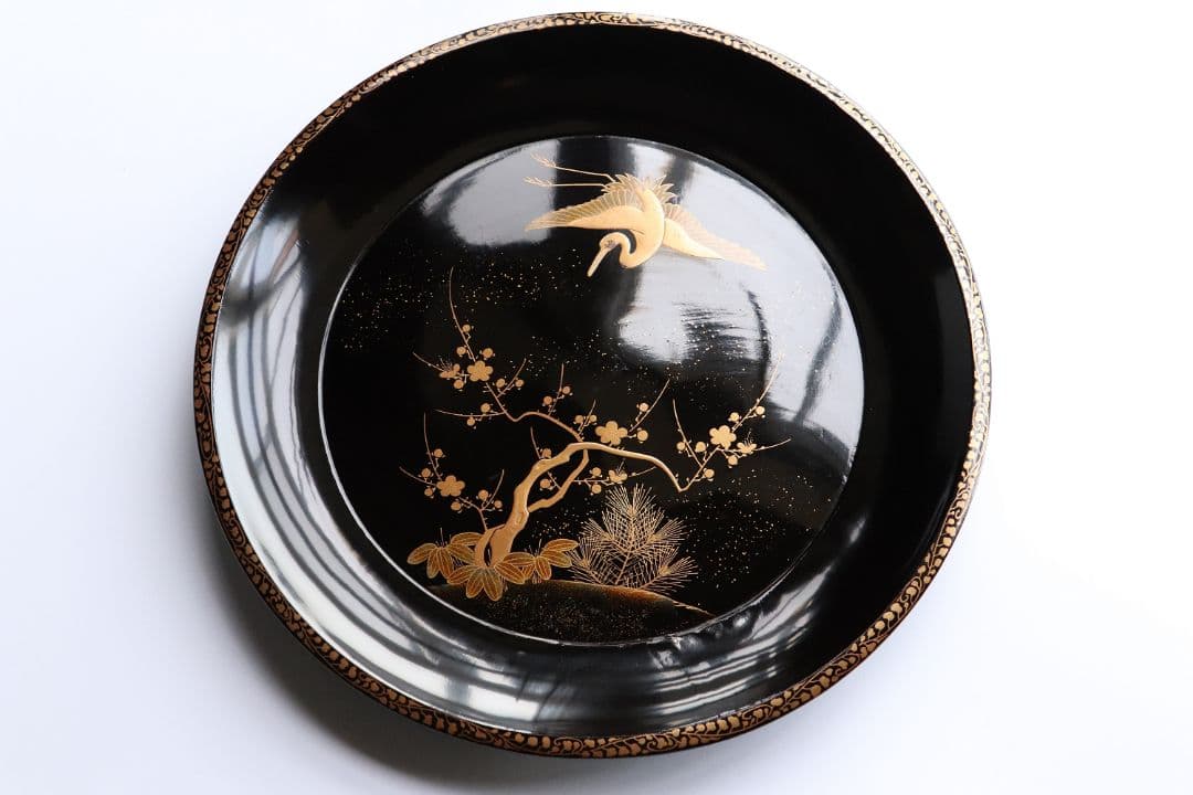 MA220 時代漆器 松竹梅鶴金蒔絵 縁唐草 黒塗 大徳寺盆 五客 菓子盆 木皿