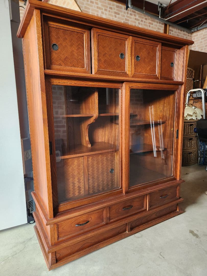 欅　あじろ茶棚　茶箪笥　和風収納棚 ガラス扉付き　アンティーク風昭和レトロ