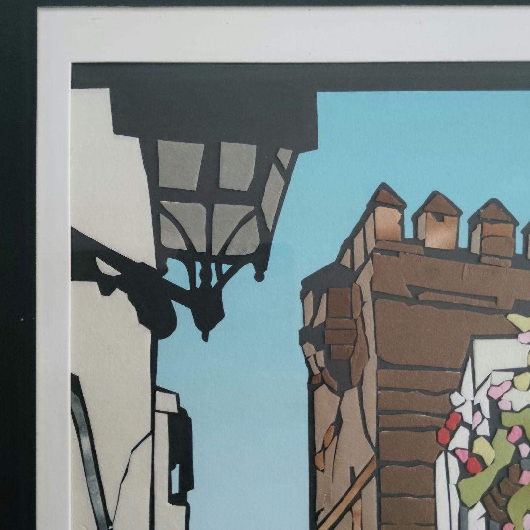 切り絵アート　スペインの街並み　海外風景画　貼り絵　額装　花のある街角