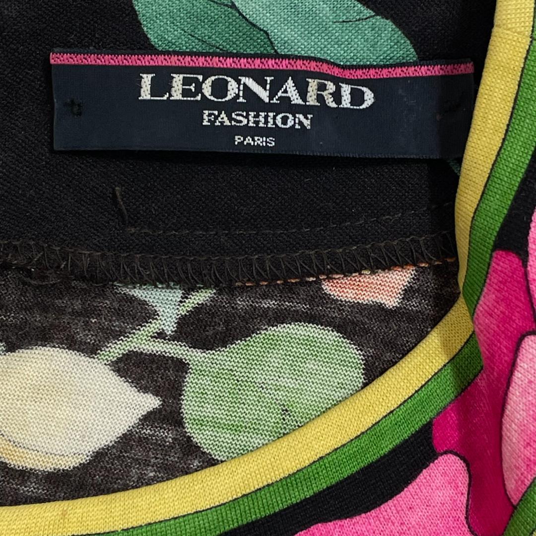 レオナール ロングワンピース 花柄 トリム ベルト付き 長袖ミディドレス L