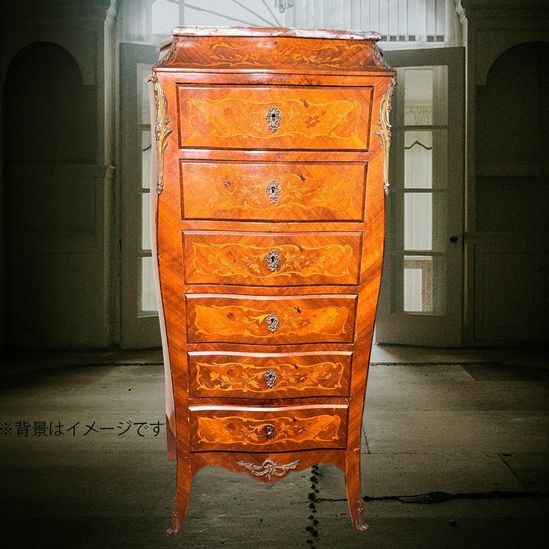 送料無料 ウルグアイ 象嵌 ６段 タンス チェスト 猫脚 鍵付 アンティーク ②