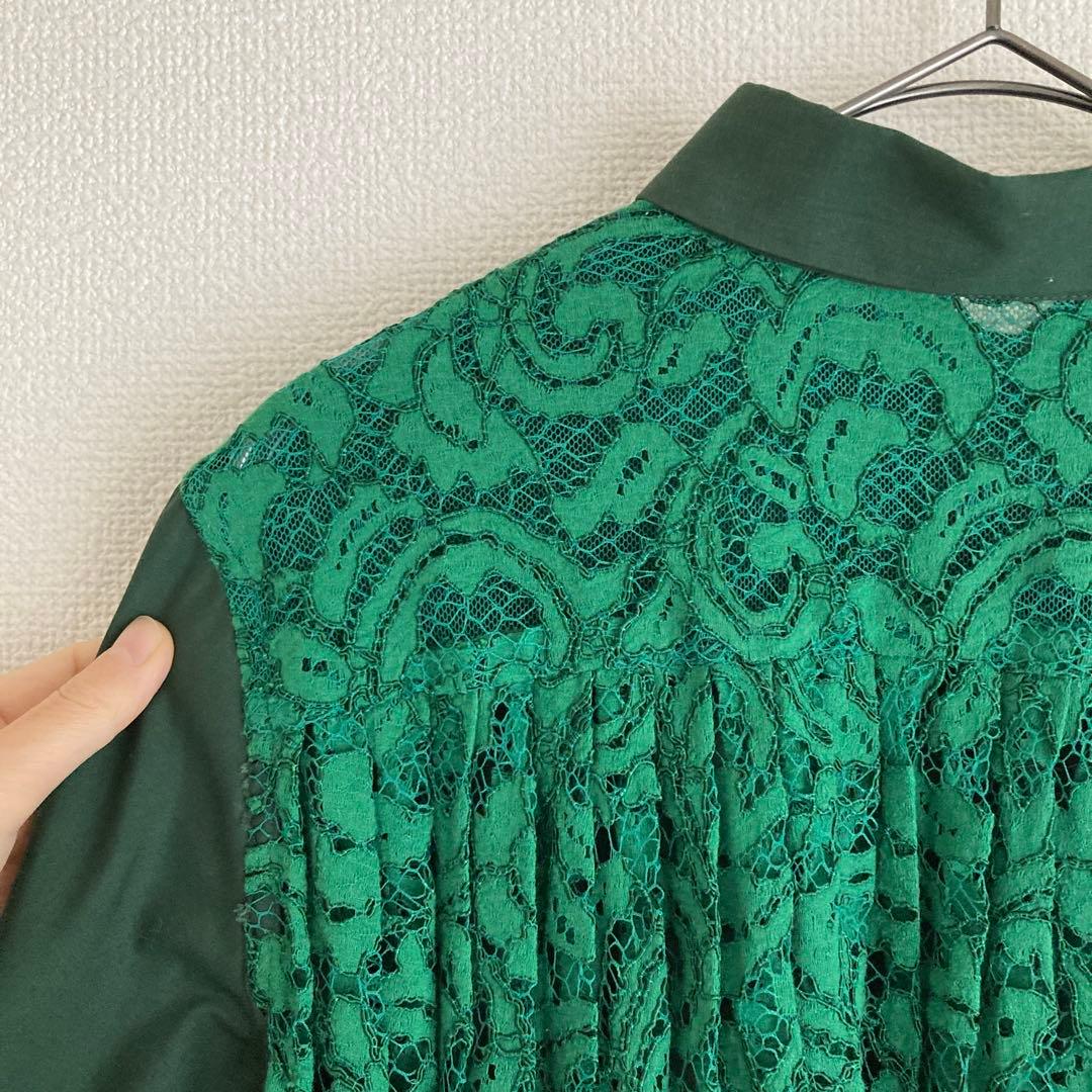 【ほぼ新品】2 M サイズ sacai ダークグリーン レース付き長袖シャツ