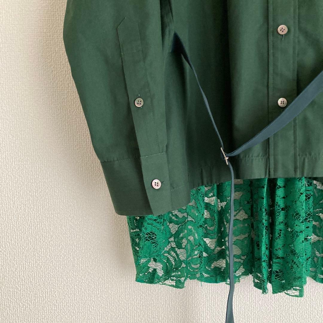 【ほぼ新品】2 M サイズ sacai ダークグリーン レース付き長袖シャツ