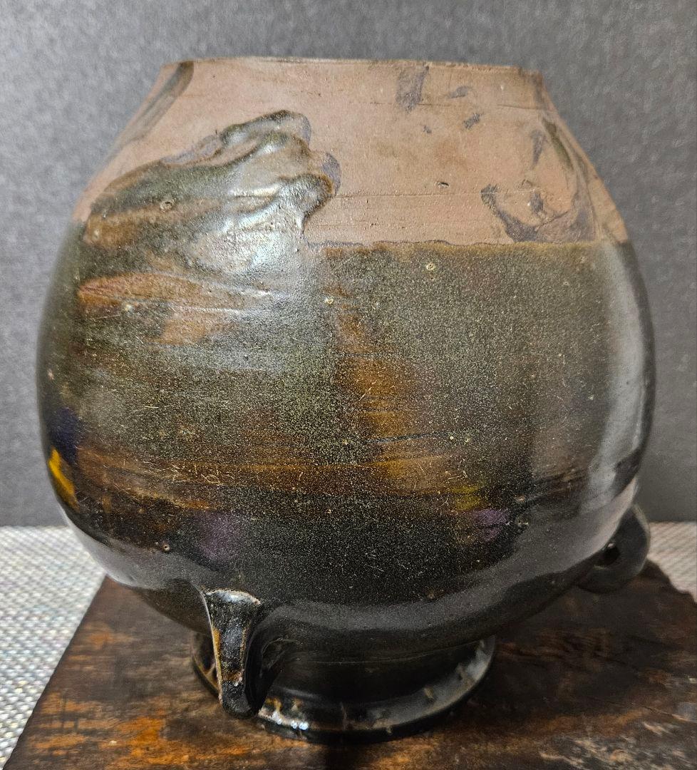 中国古美術　中国古陶磁器　明代　明朝 磁州窯　黒釉　四耳壺　高さ19.5cm