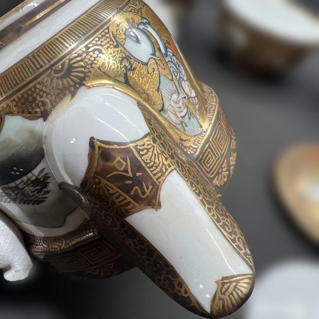 明治時代　金彩山水人物画九谷焼煎茶器セット　宝瓶１点　湯呑み３点まとめて煎茶道具