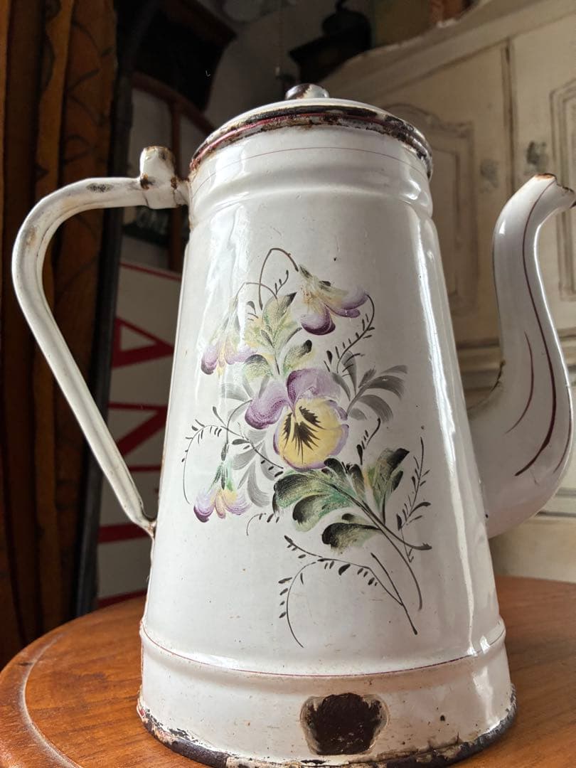 フランス　アンティーク　手描き　ホーロー　コーヒー　ポット　JAPY すみれ