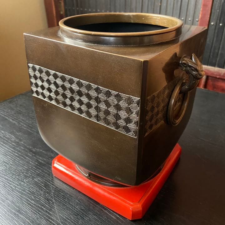 唐金四方火鉢　谷口造　火鉢　漆台　手あぶり火鉢