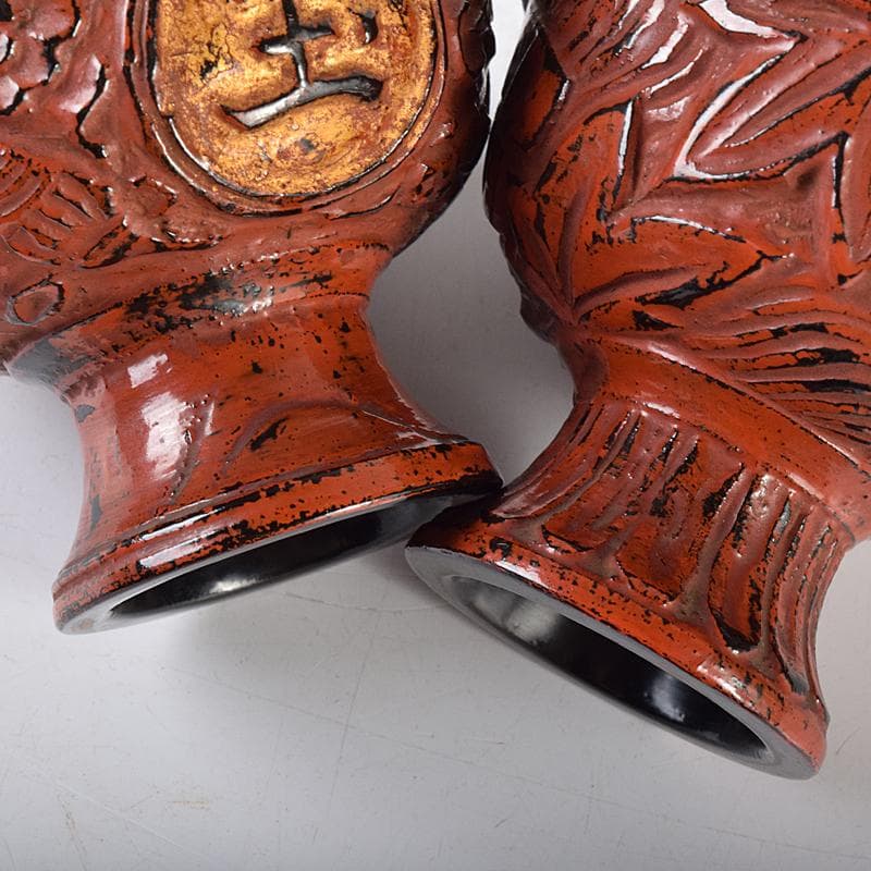 根来塗　朱塗　金彩　紅葉刻　漢詩刻　杯　一對　時代箱付　F　R8032