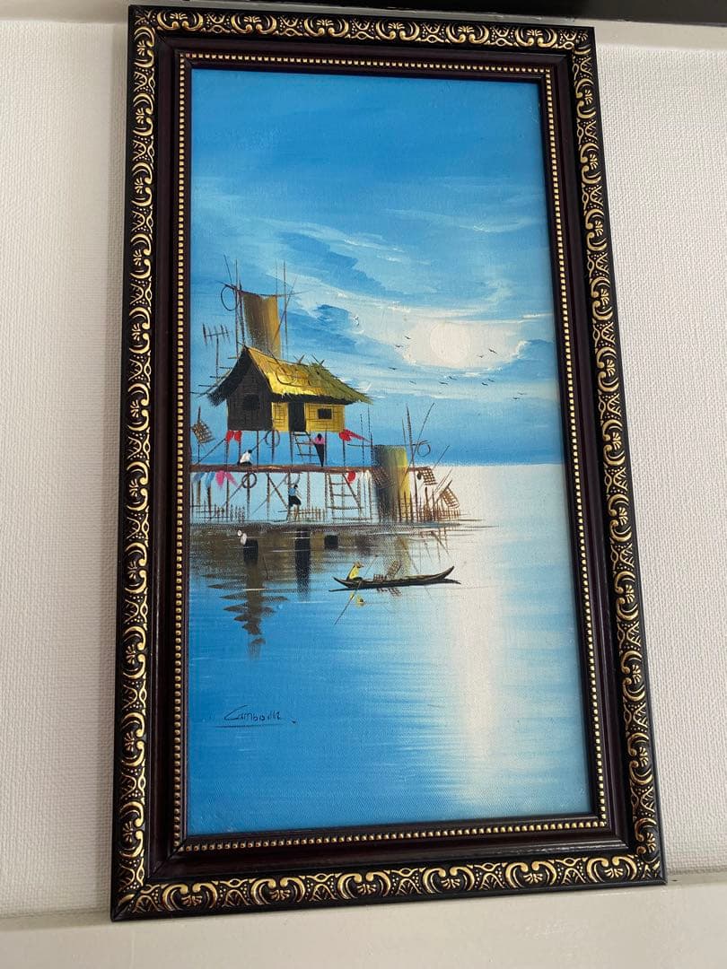 カンボジアの水辺の風景 油彩画