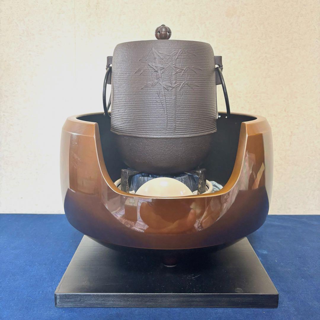 風炉 茶釜 電熱器 唐銅面取風炉 糸目筒釜 野々田製電熱器 前瓦 敷板 茶道具