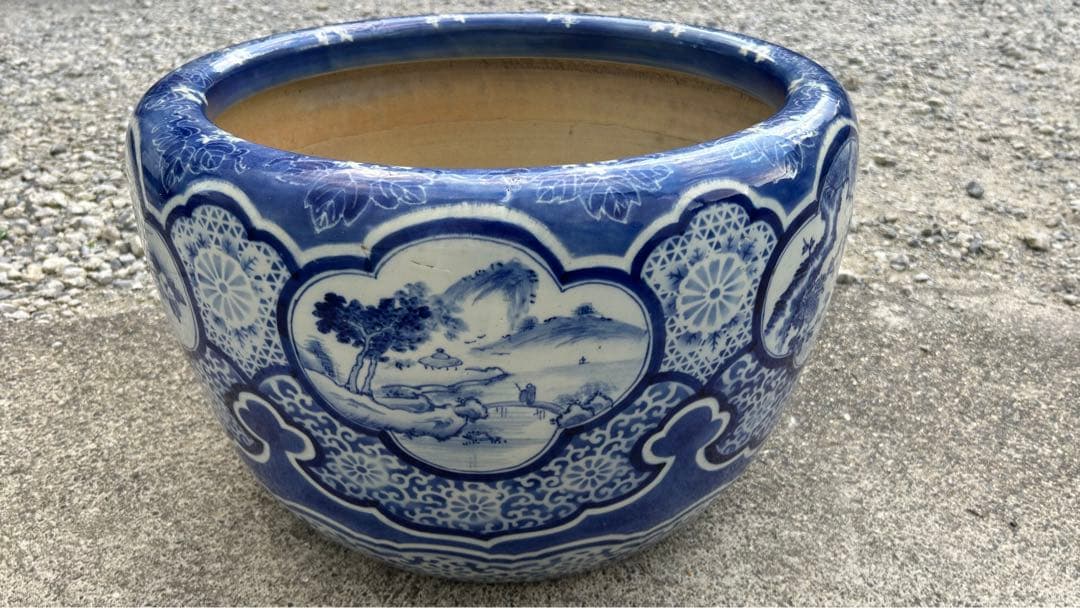 古伊万里　花唐草　染付　山水　花　松　大　火鉢　メダカ鉢　時代