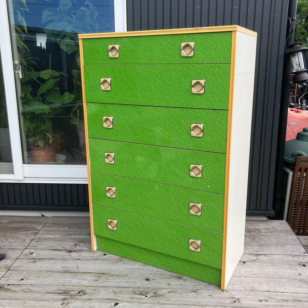 昭和レトロ 薔薇柄 花柄 木製チェスト 6段7杯 タンス 古家具 ビンテージ 緑