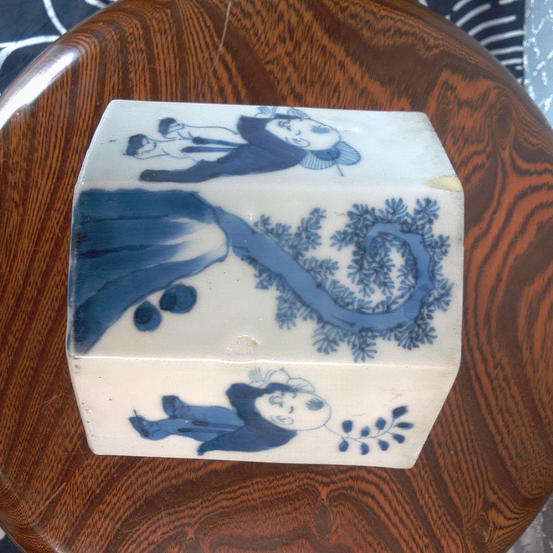 骨董５青い絵柄の八角形陶器鉢